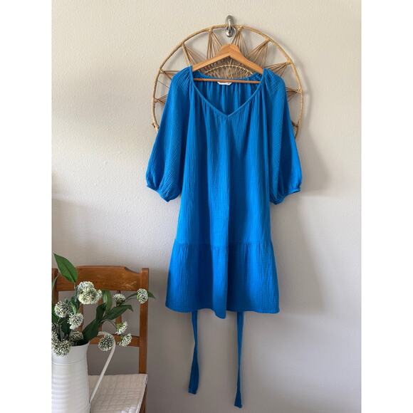 Sonoma Blue Gauze Muslin Flowy Dress/Tunic w/ Waist Belt Tie Pockets Sz LARGE - Picture 11 of 11